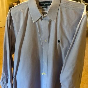 Gently worn Ralph Lauren blue stripe button down collar sport shirt.
